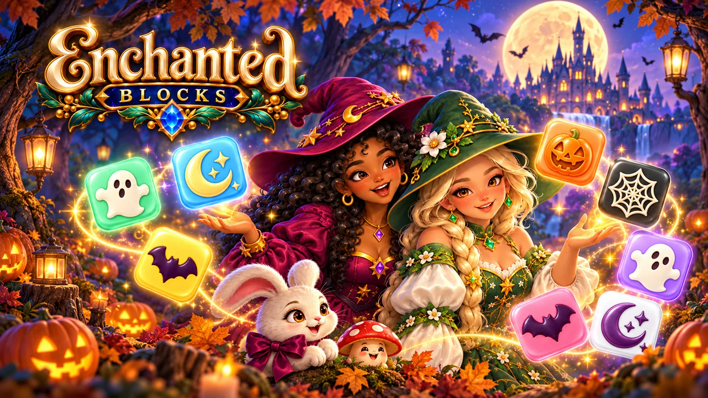 Two witch enchanters with a bunny and a mushroom friend, surrounded by glowing Halloween blocks